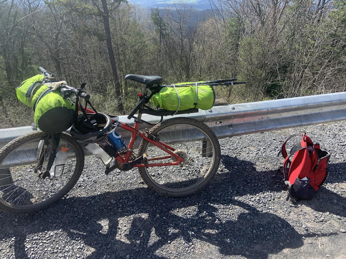 My bike setup, at the parking lot after I had to stop the trip :(